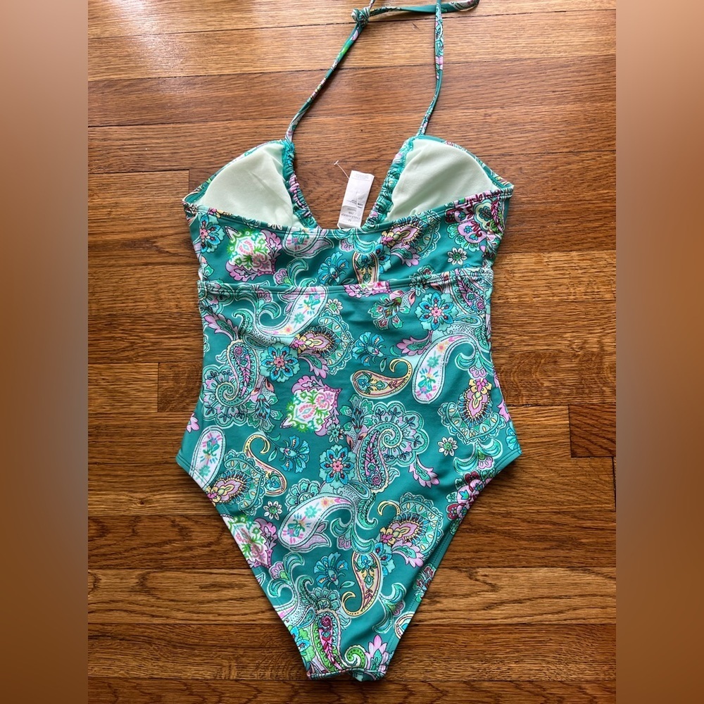 Green and Pink One Piece Swimsuit with Plunging V-Neck - Picture 3 of 4